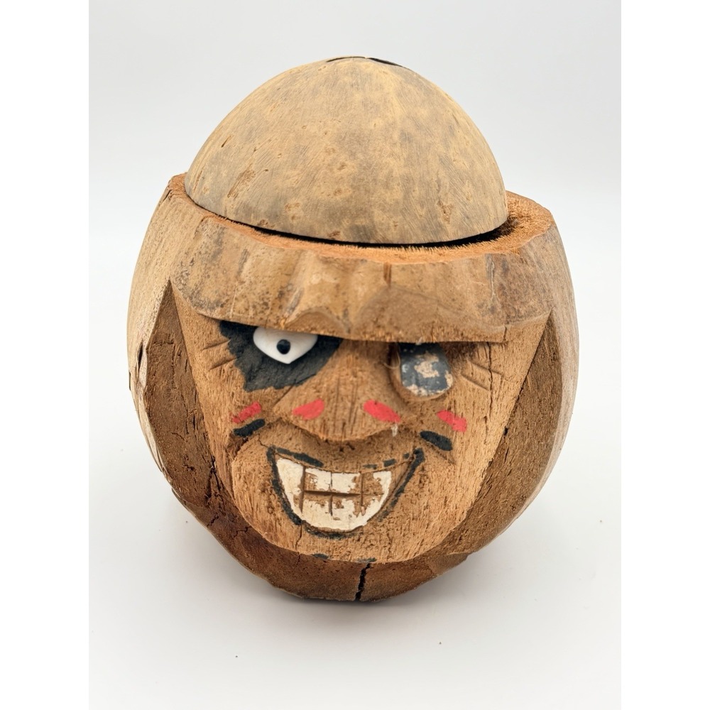 Vintage Carved Coconut Bank Pirate Tiki Bar Decor Philippines Man Cave Folk Art